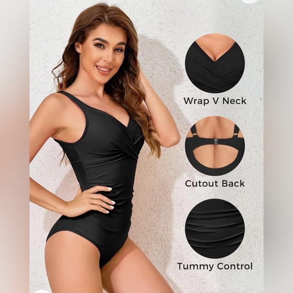Women's One Piece Swimsuit Ruched Tummy Control  Slimming Push Up V Neck - Picture 4 of 13